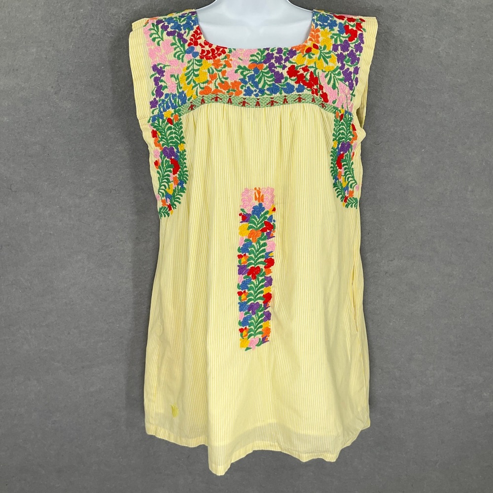 J. Marie Dress Womens Sz M Yellow Pinstripe Oaxaca Embroidered Floral Bohemian